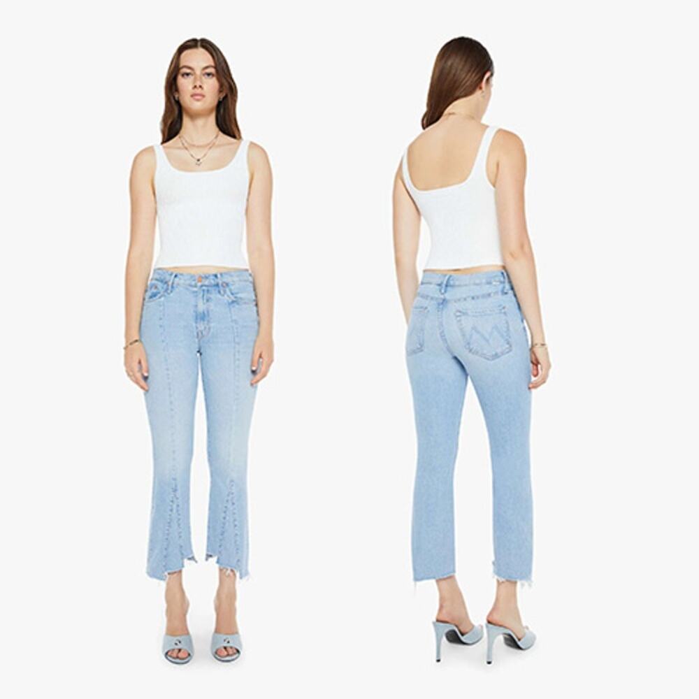 NWT Mother The Insider Crop Pointy Fray Bootcut Button Belted Denim Pants Blue